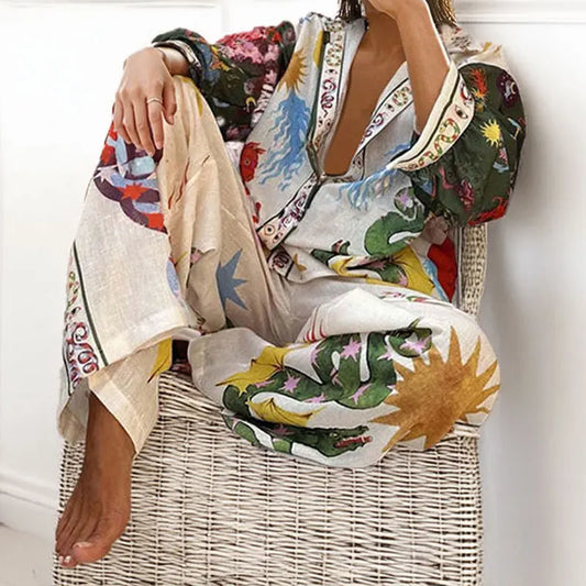 Women Suit 2 piece Suit Set Spring Summer Loose Long sleeve Floral Printed Blouse Shirt+Wide leg Elestic Waist Pants Fashion Set