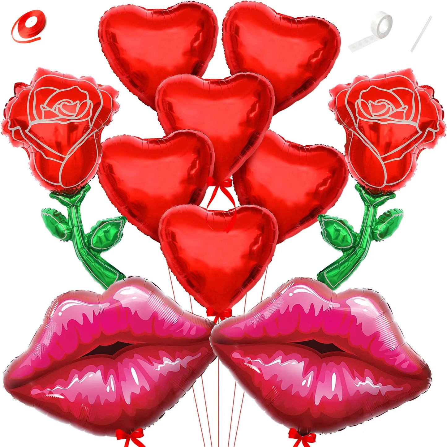 10pcs Valentine's Day Foil Balloon Set Rose Balloon Lip Balloon Heart Balloon Special Night Valentine's Day Decoration Balloon