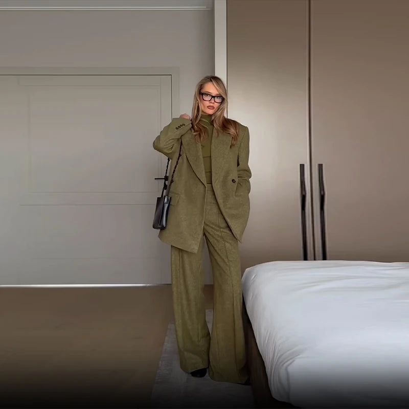 Women's Elegant Woolen Suit Sets Padded Shoulder Loose Suit Coat High Waist Big Leg Suit Pant 2025 New Lady Autumn Winter Outfit