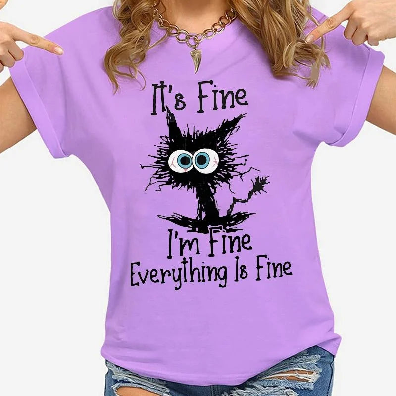 Women Clothes Cat It's Fine I'm Fine Everything Is Fine Print T-shirts Summer Casual Loose  Personalized T-shirts