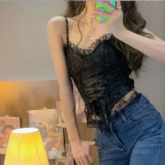 Clothes Blouses Sexy Crop Tops Women Corset Lace Bandage T-shirt Camisole Woman Sling Tank Top Fashion Sleeveless Waistcoat