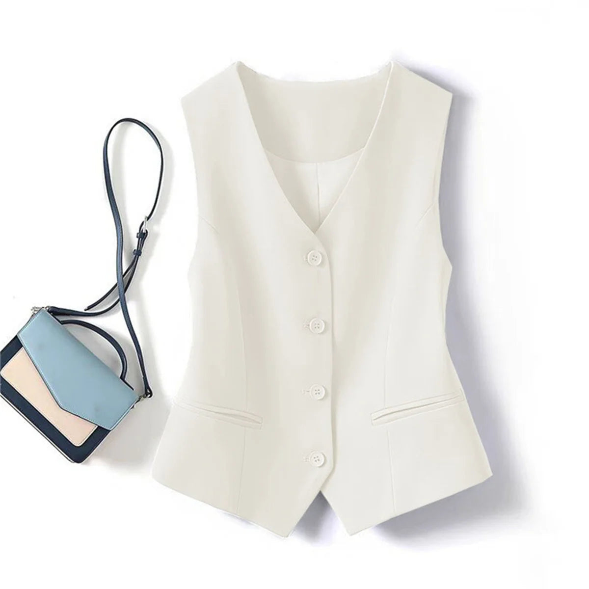 Women Fashion Sleeveless Suit Vest Solid Single Breasted V Neck Tops Elegant Office Lady Clothes Slim Casual Street Cardigan