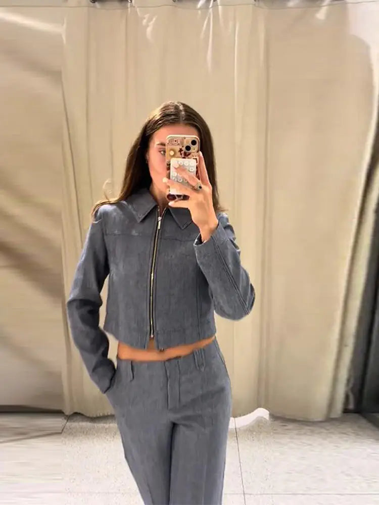 Women's Outwear 2 Piece Set Coats Pants Zipper Short Jackets Straight-Leg Trouser Autumn New Out Suits Casual Woman Clothes