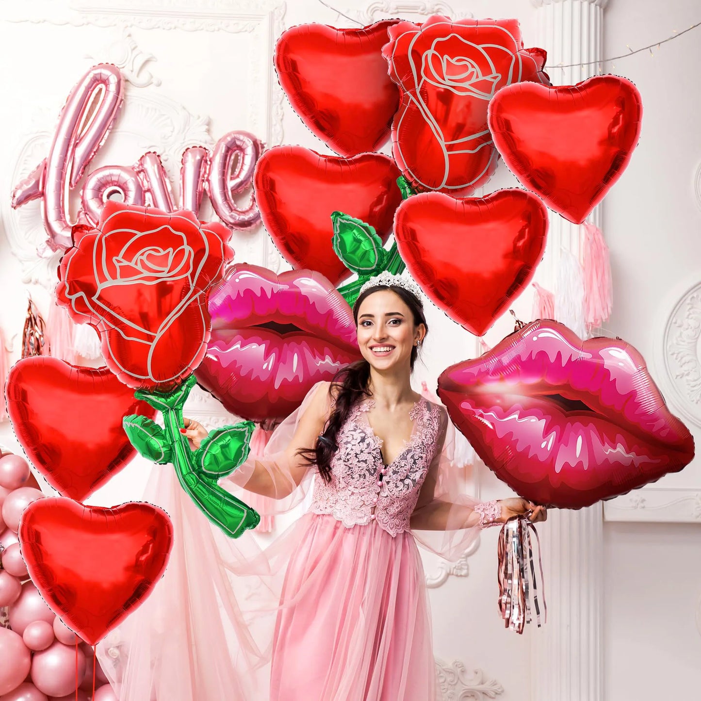 10pcs Valentine's Day Foil Balloon Set Rose Balloon Lip Balloon Heart Balloon Special Night Valentine's Day Decoration Balloon