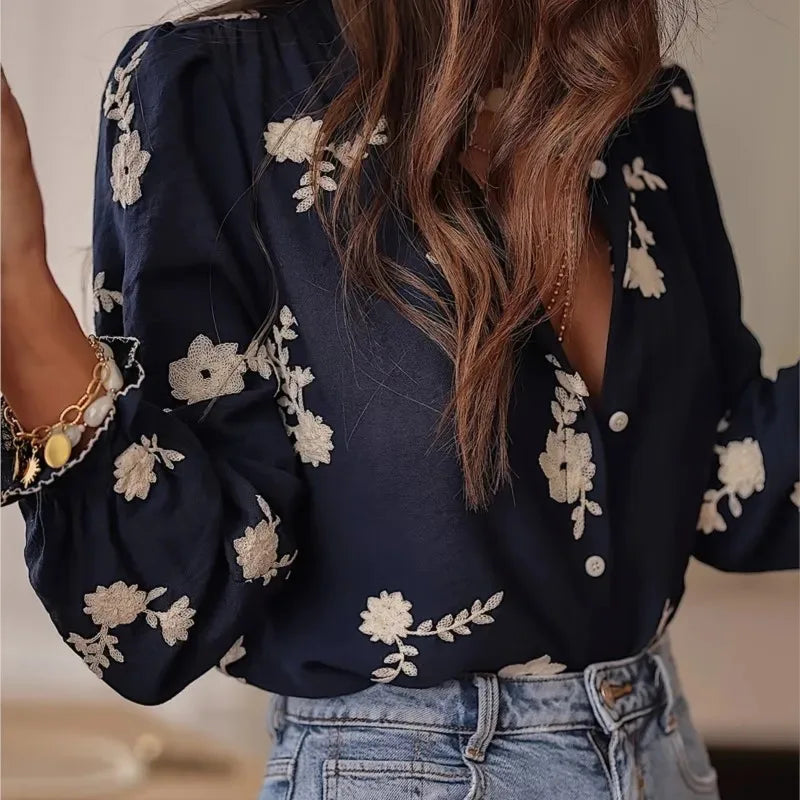 Women's Clothing 2025 Spring Autumn Fashion Casual Long-sleeved Printed Blouse with A Collar and Puff Sleeves Office Lady Shirt