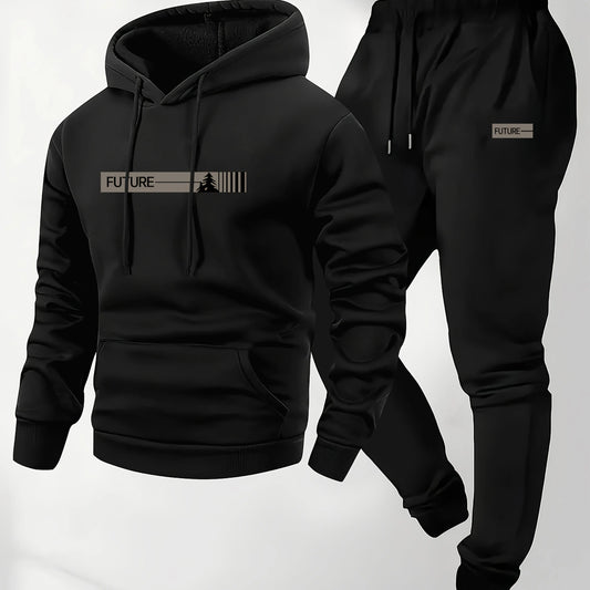 Men's two-piece set casual long-sleeved hooded sweatshirt and sports pants outfit suitable for winter and autumn  Sports outfit