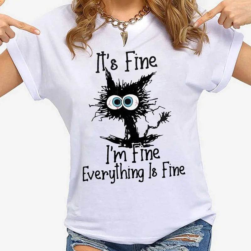 Women Clothes Cat It's Fine I'm Fine Everything Is Fine Print T-shirts Summer Casual Loose  Personalized T-shirts