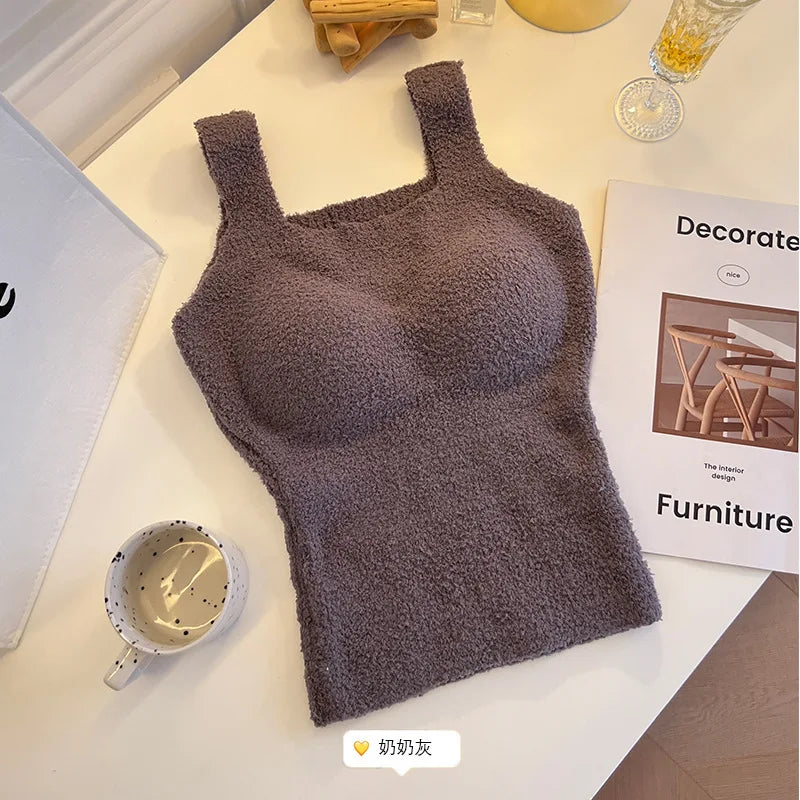 Women's Clothing Autumn winter Camis Tanks lamb wool warm vest women  breast pads long thick velvet vest bottom shirt Tees Tops
