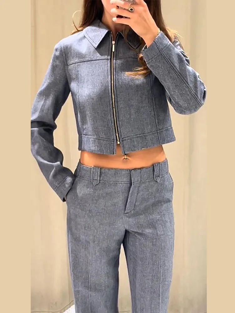Women's Outwear 2 Piece Set Coats Pants Zipper Short Jackets Straight-Leg Trouser Autumn New Out Suits Casual Woman Clothes