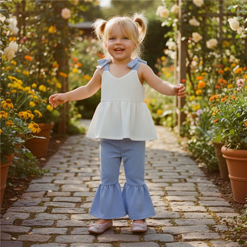 Kids Clothes Baby Girl Summer Outfits Contrast Color A Line V Neck Tie Shoulder Sleeveless Tops and Bell Bottoms 2Pcs Set