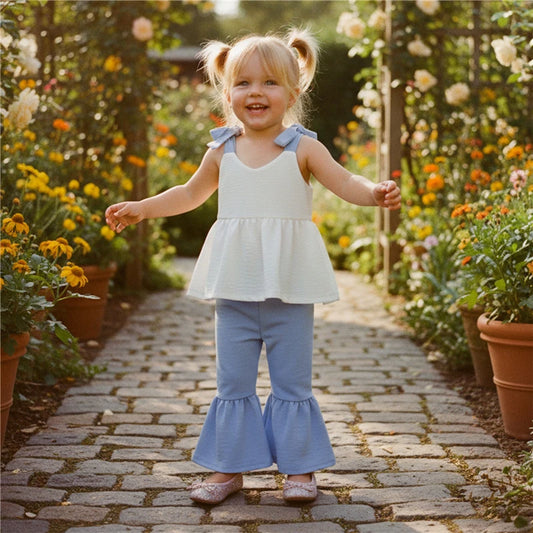 Kids Clothes Baby Girl Summer Outfits Contrast Color A Line V Neck Tie Shoulder Sleeveless Tops and Bell Bottoms 2Pcs Set