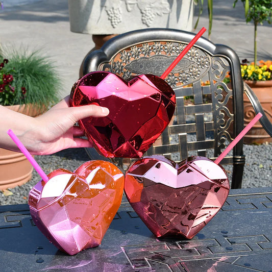 1Pc Romantic Heart Cups with Straws Cocktail Drink Bottle for Bar Valentine's Day Wedding Bridal Shower Bachelorette Decoration