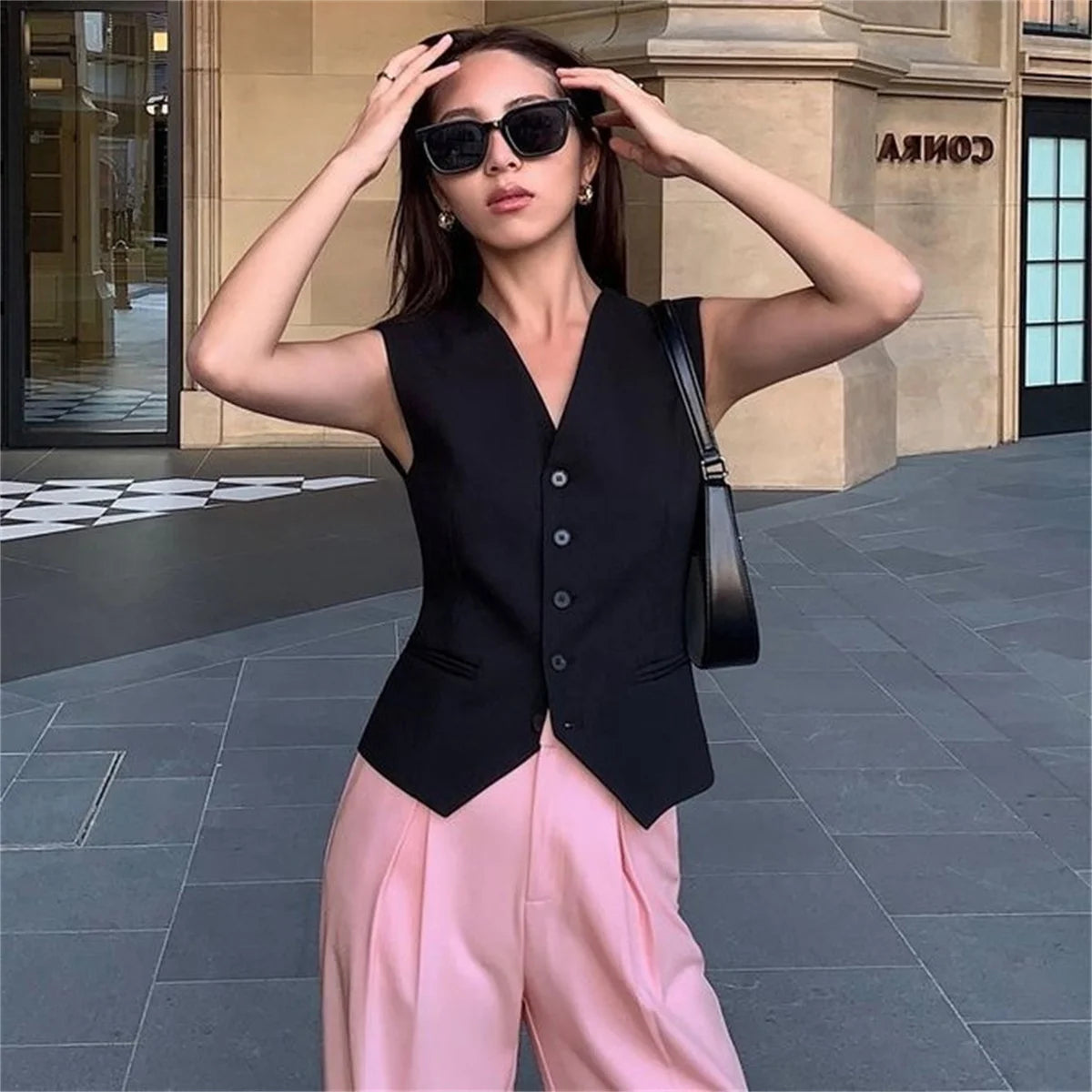 Women Fashion Sleeveless Suit Vest Solid Single Breasted V Neck Tops Elegant Office Lady Clothes Slim Casual Street Cardigan