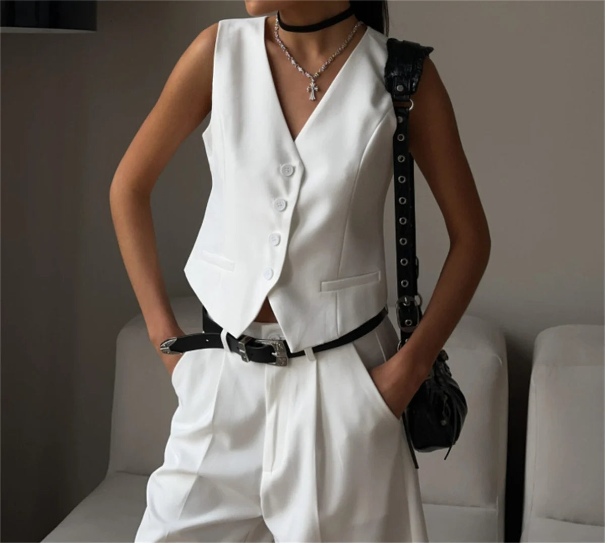 Women Fashion Sleeveless Suit Vest Solid Single Breasted V Neck Tops Elegant Office Lady Clothes Slim Casual Street Cardigan