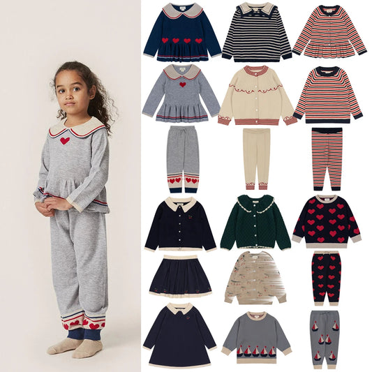 New KS Children Clothes Suit Girls Embroidery Cherry Cardigan Sweater Dress Boys Knit Tops Pants Set Kids Sweatshirt Sweatpants