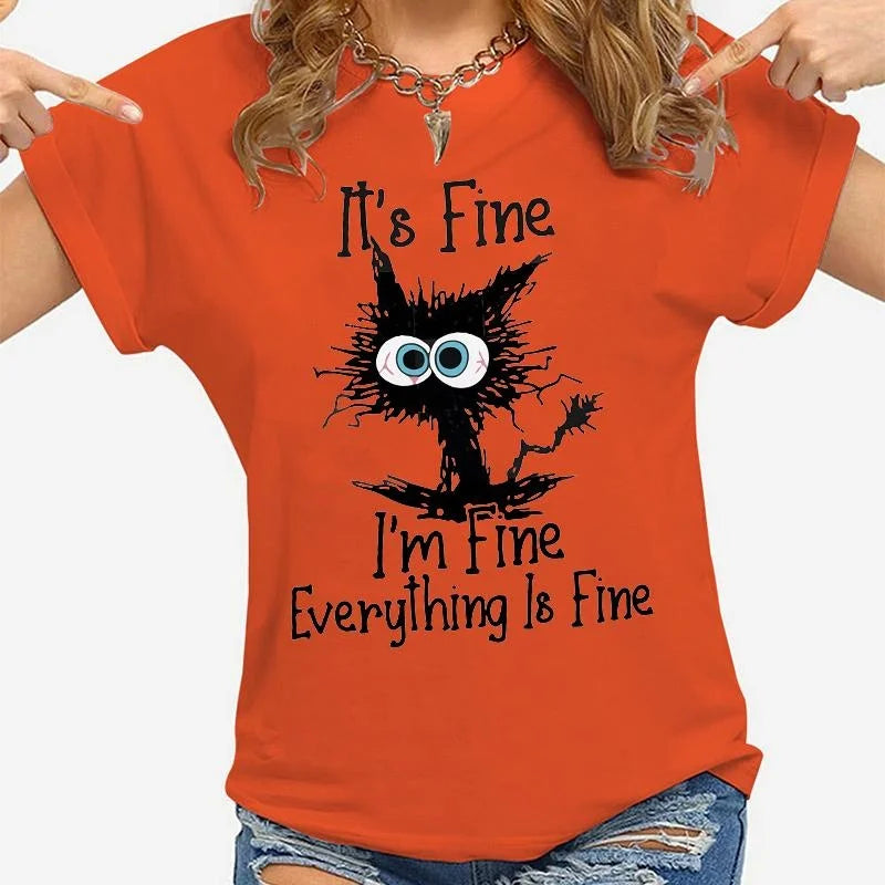 Women Clothes Cat It's Fine I'm Fine Everything Is Fine Print T-shirts Summer Casual Loose  Personalized T-shirts