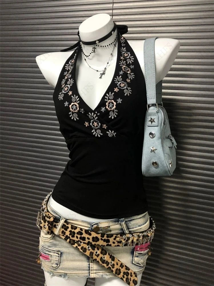 Vintage Clothes Women Camis Punk Sexy Casual Backless Flowers Gothic Sleeveless Tank Top Hip Hop Femme Grunge Y2k Crop Tops Tees