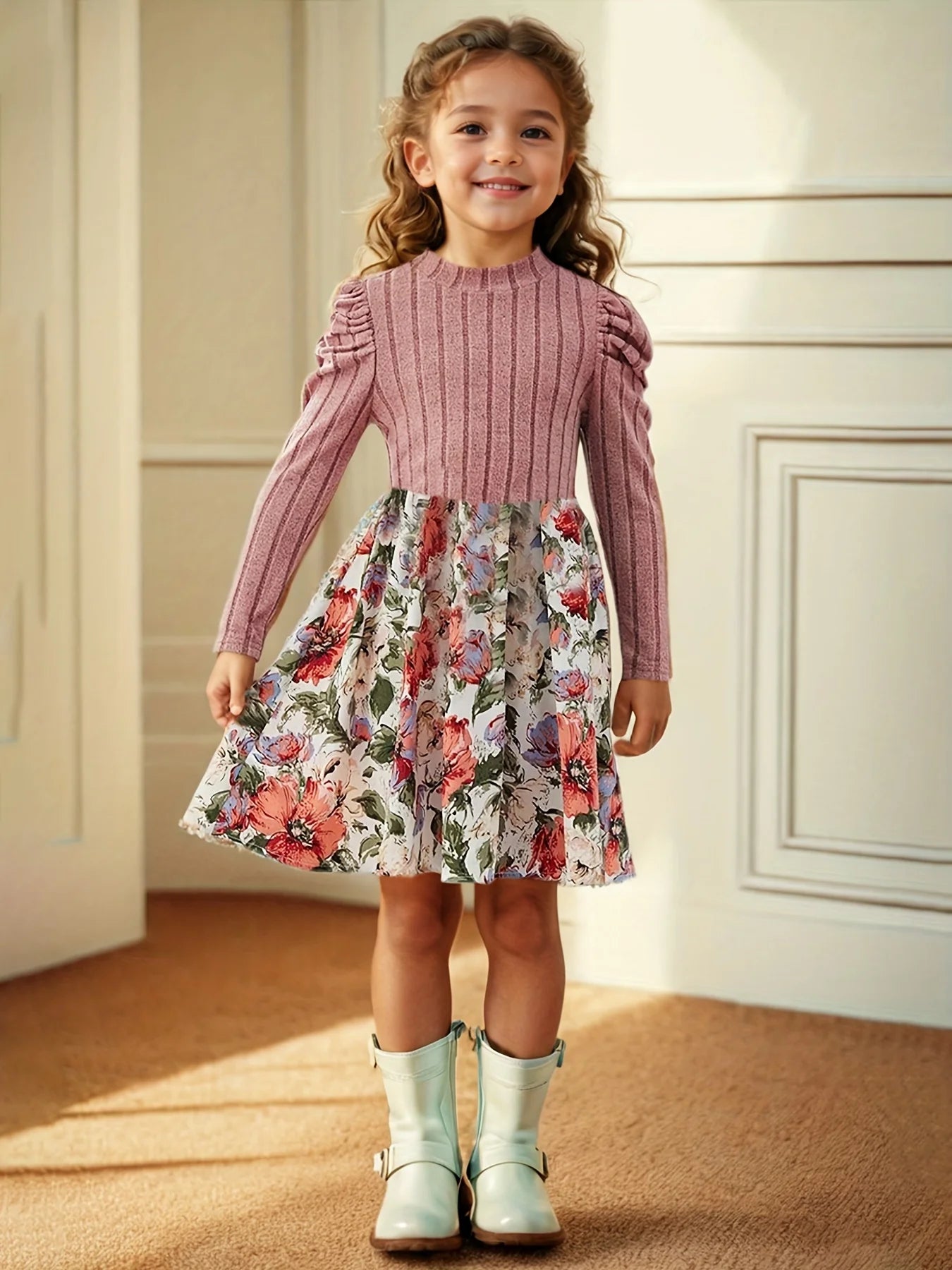 Kids Clothes Girls Floral Print Pattern Decor Stand Collar Long Sleeve Dress Girl Puff Sleeve Fashion Casual Skirt Child Casual Stylish Dress